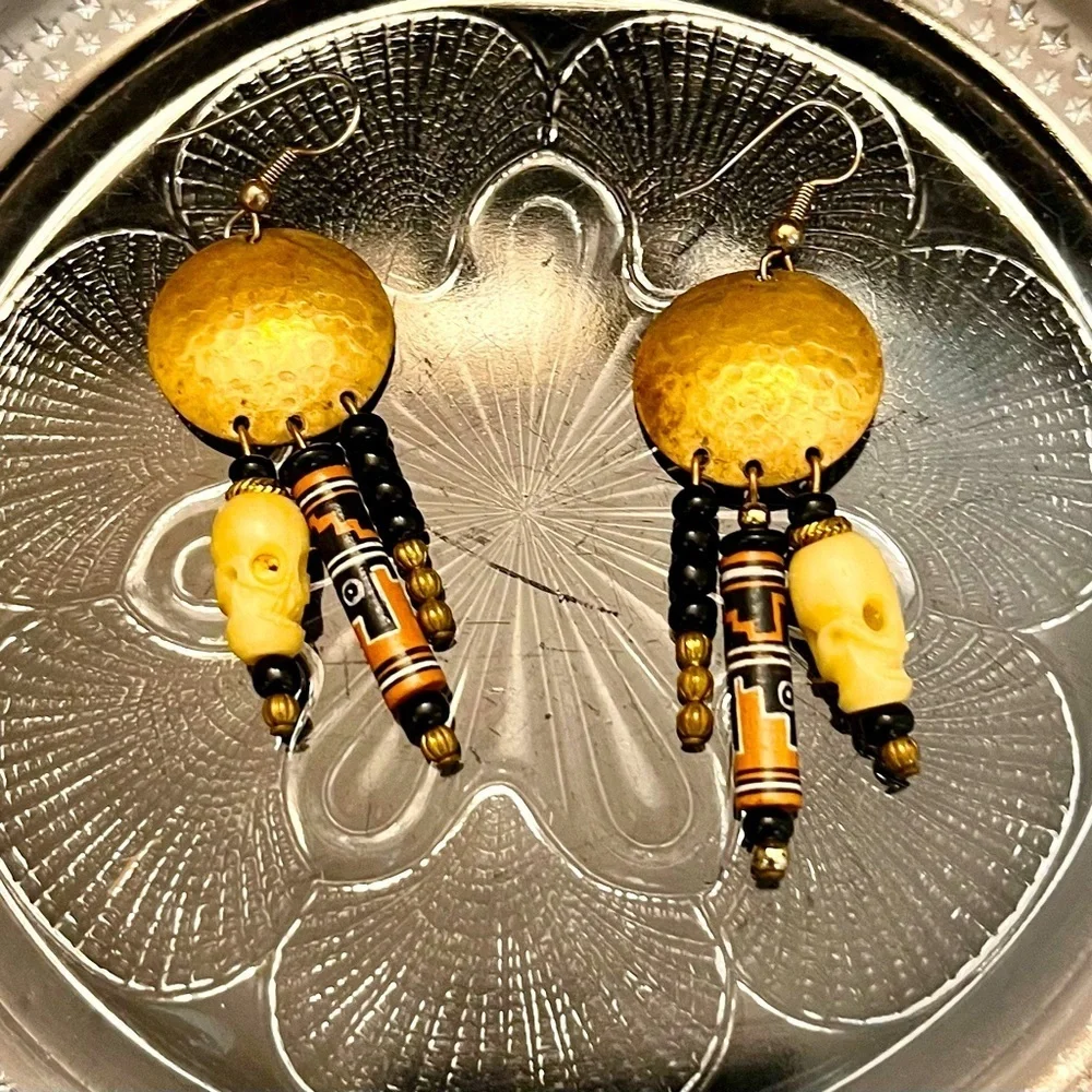 Peruvian Handmade Boho Tribal Skull Dangle Earrings Mixed Media Gold Black